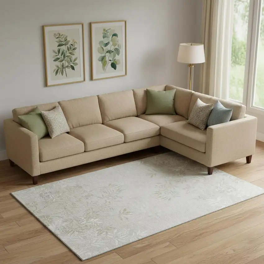 Beige And Ivory Floral Washable Area Rug With UV Protection Photo 1