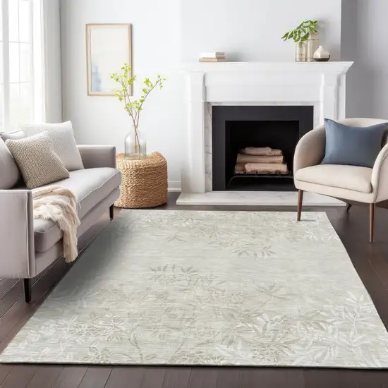 Beige And Ivory Floral Washable Area Rug With UV Protection Photo 4