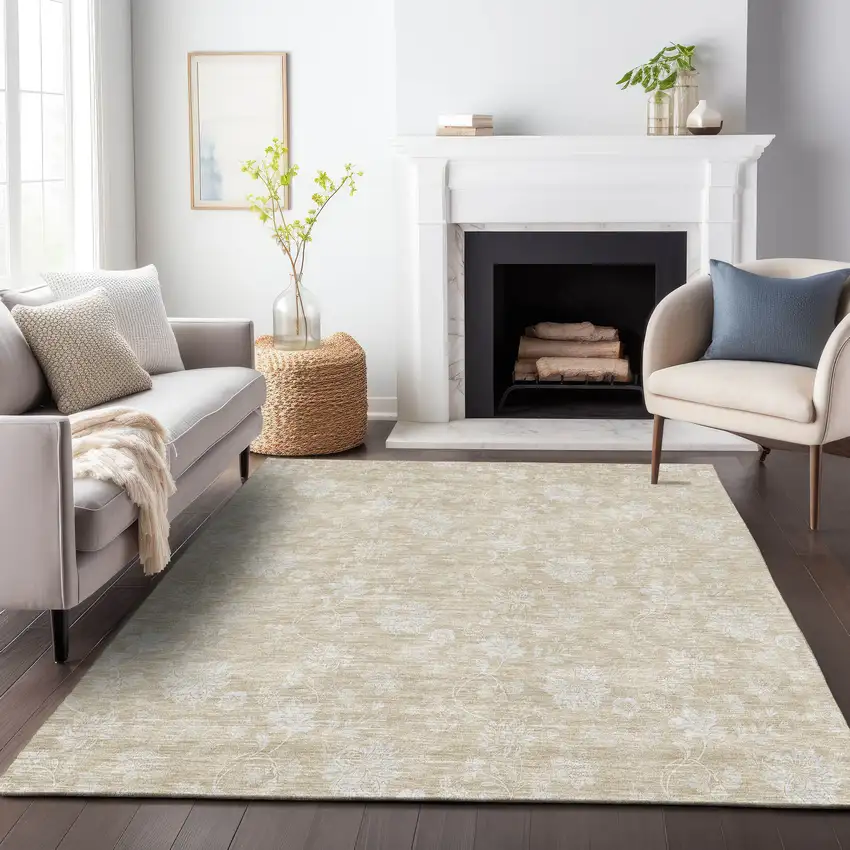 Beige And Ivory Floral Washable Area Rug With UV Protection Photo 4