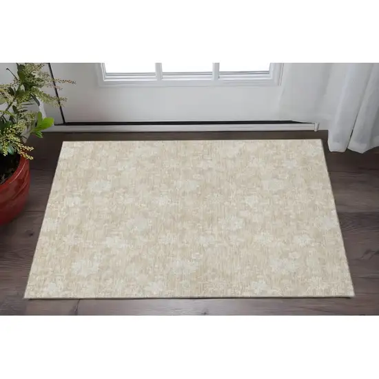 Beige And Ivory Floral Washable Area Rug With UV Protection Photo 2