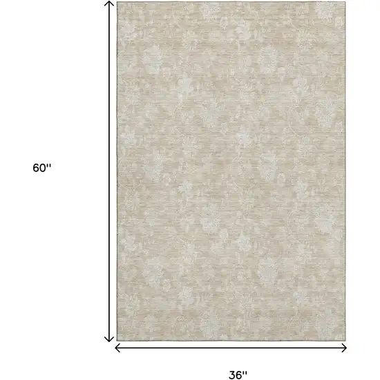Beige And Ivory Floral Washable Area Rug With UV Protection Photo 6