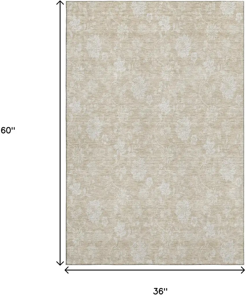 Beige And Ivory Floral Washable Area Rug With UV Protection Photo 6