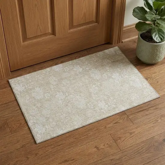 Beige And Ivory Floral Washable Area Rug With UV Protection Photo 1