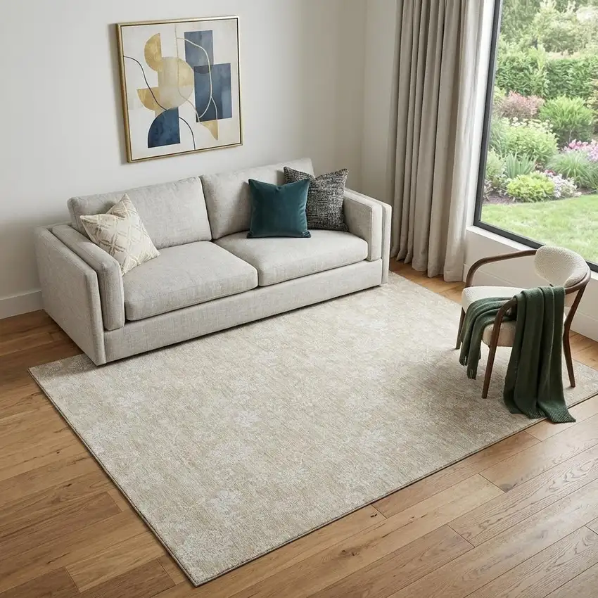 Beige And Ivory Floral Washable Area Rug With UV Protection Photo 1