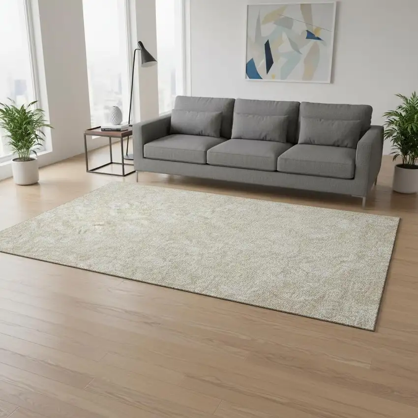 Beige And Ivory Floral Washable Area Rug With UV Protection Photo 1