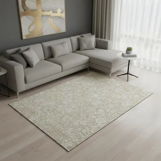 Beige And Ivory Floral Washable Area Rug With UV Protection Photo 3