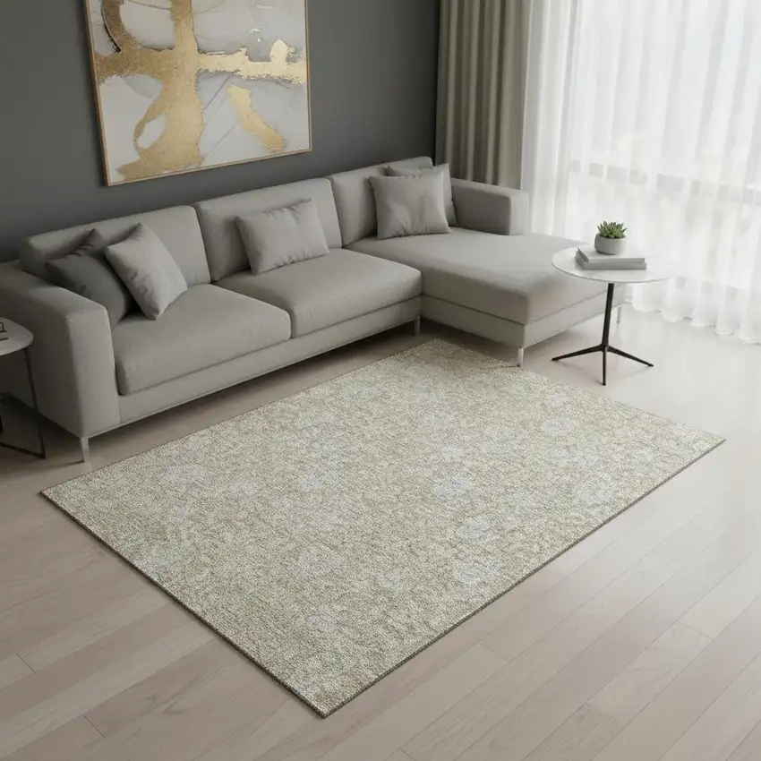 Beige And Ivory Floral Washable Area Rug With UV Protection Photo 3