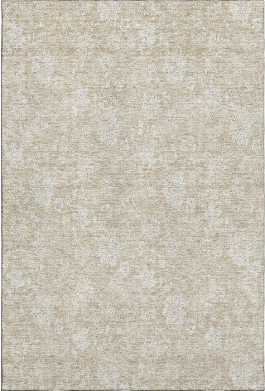 Beige And Ivory Floral Washable Area Rug With UV Protection Photo 2