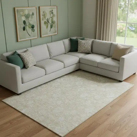 Beige And Ivory Floral Washable Area Rug With UV Protection Photo 1