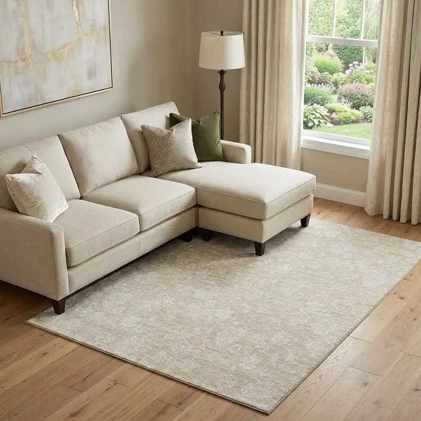 Beige And Ivory Floral Washable Area Rug With UV Protection Photo 1