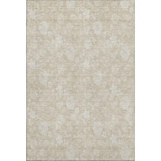 Beige And Ivory Floral Washable Area Rug With UV Protection Photo 2