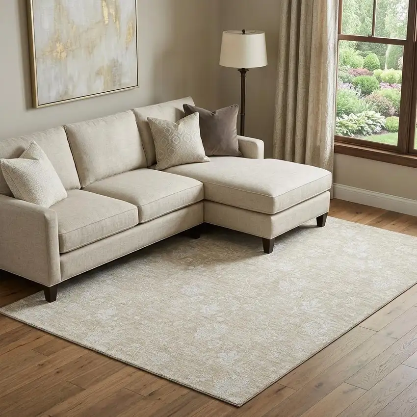 Beige And Ivory Floral Washable Area Rug With UV Protection Photo 1
