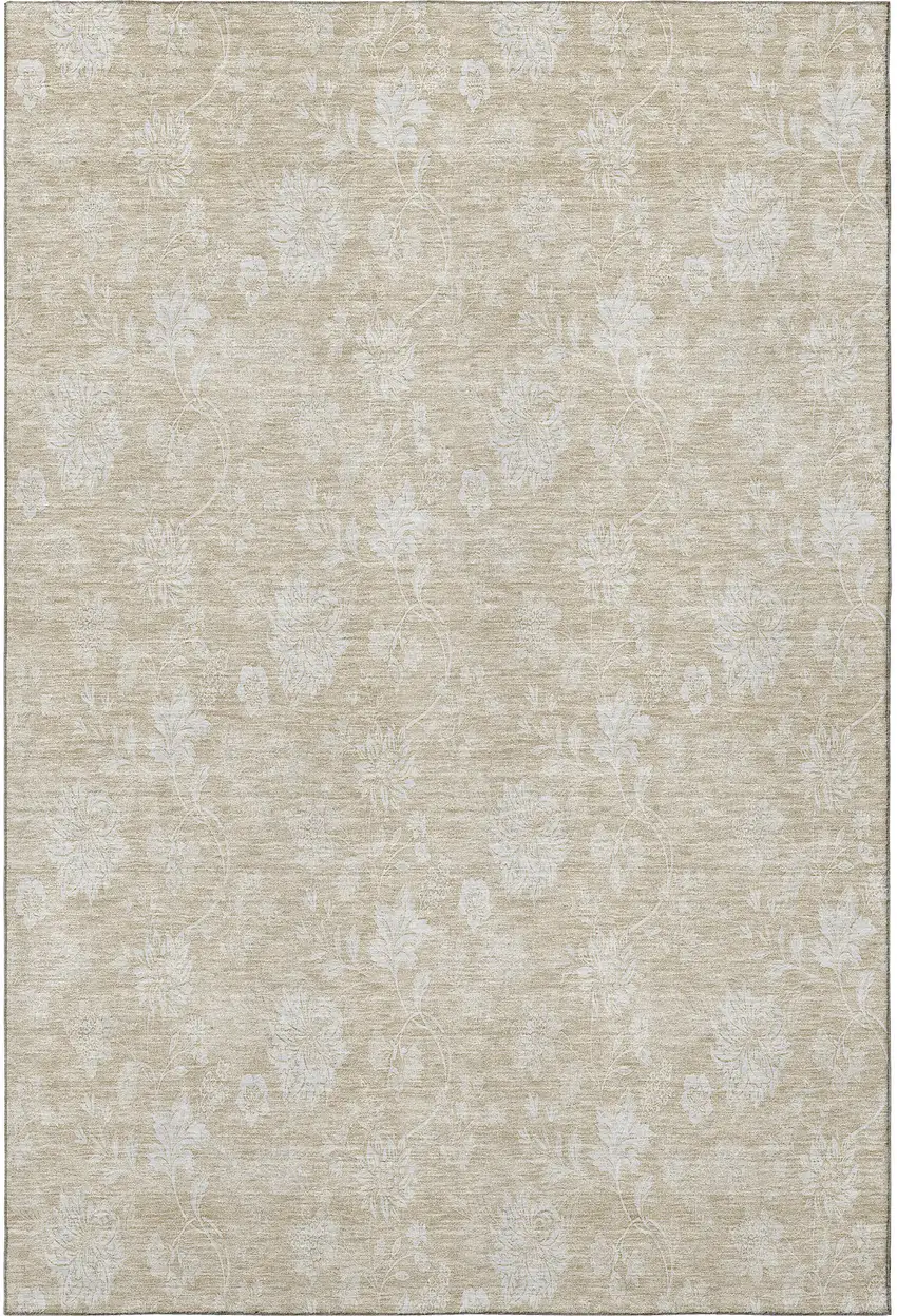 Beige And Ivory Floral Washable Area Rug With UV Protection Photo 4