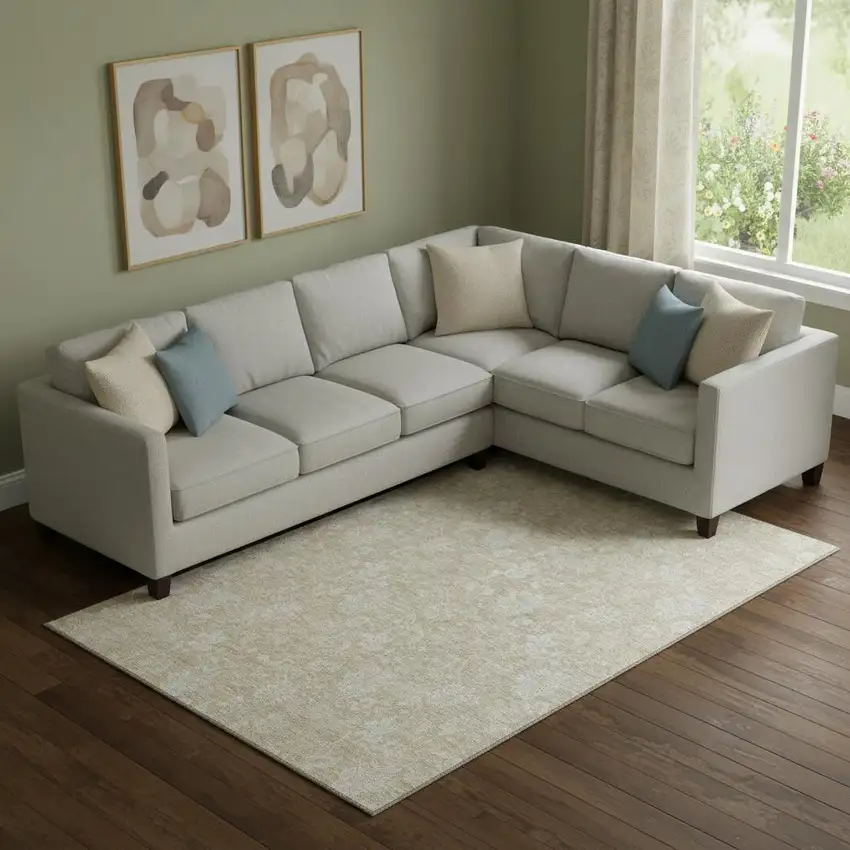 Beige And Ivory Floral Washable Area Rug With UV Protection Photo 1