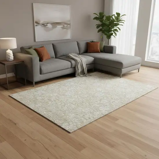 Beige And Ivory Floral Washable Area Rug With UV Protection Photo 1