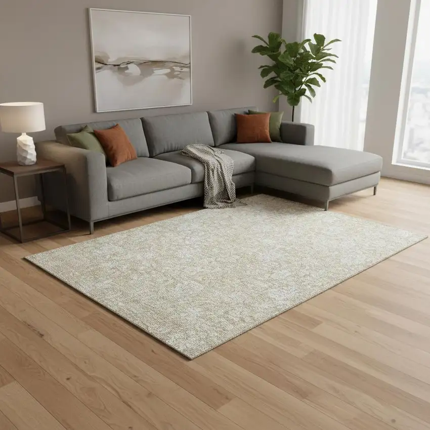 Beige And Ivory Floral Washable Area Rug With UV Protection Photo 1