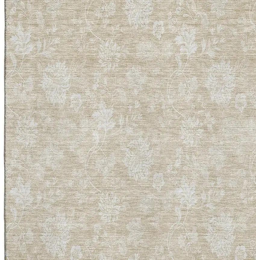Beige And Ivory Floral Washable Area Rug With UV Protection Photo 5