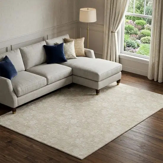 Beige And Ivory Floral Washable Area Rug With UV Protection Photo 1