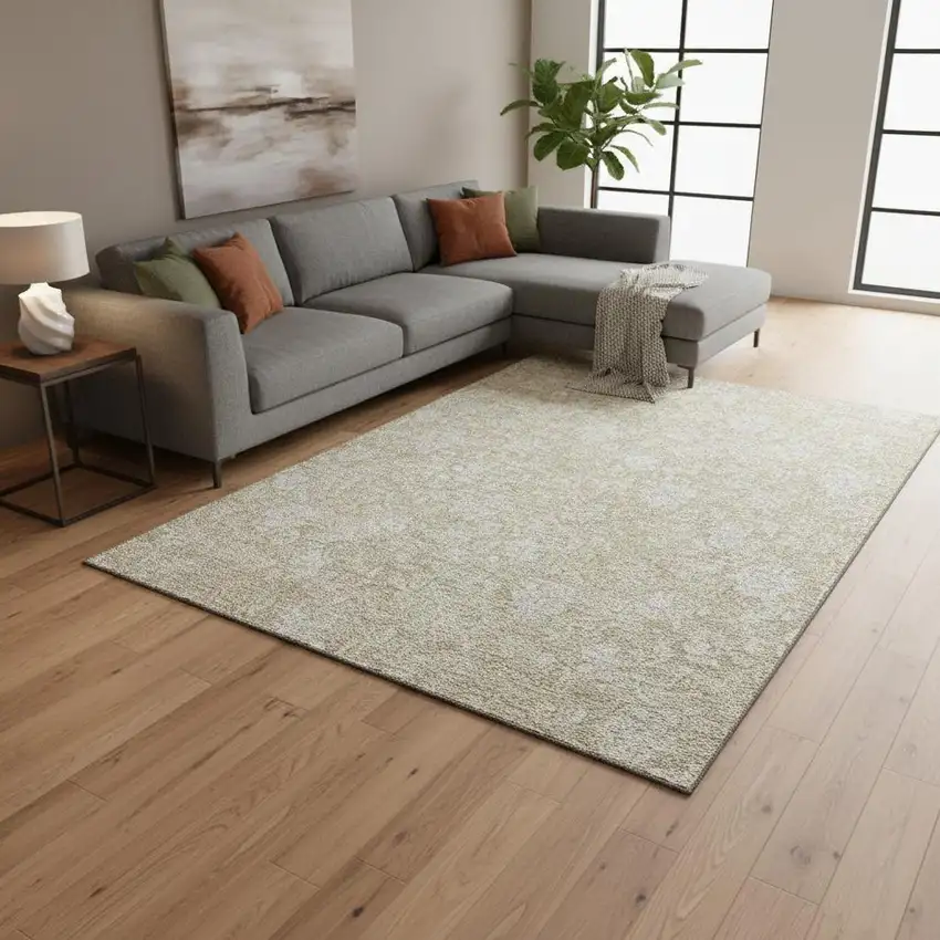 Beige And Ivory Floral Washable Area Rug With UV Protection Photo 1