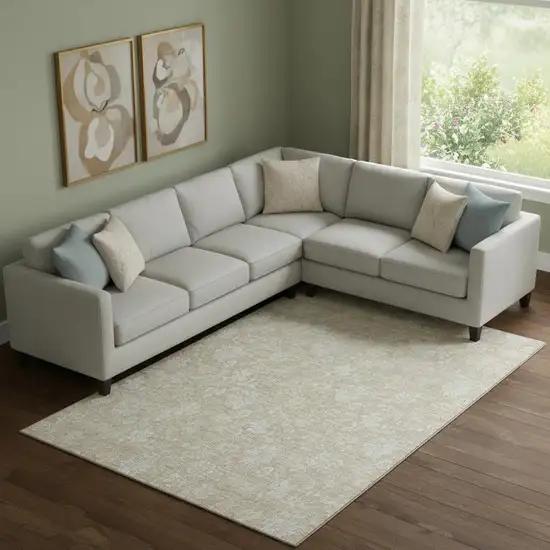 Beige And Ivory Floral Washable Area Rug With UV Protection Photo 1