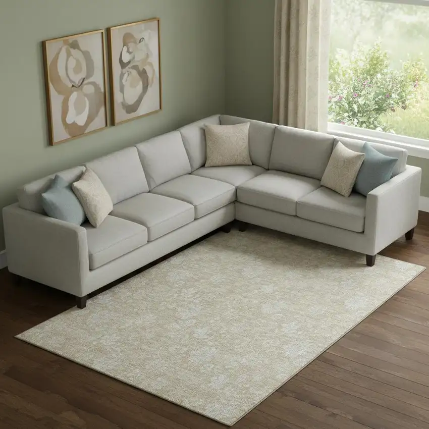 Beige And Ivory Floral Washable Area Rug With UV Protection Photo 1