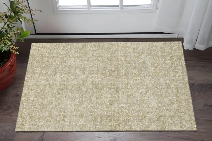 Beige And Ivory Floral Washable Area Rug With UV Protection Photo 2