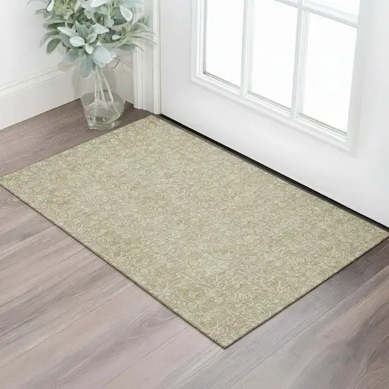 Beige And Ivory Floral Washable Area Rug With UV Protection Photo 1