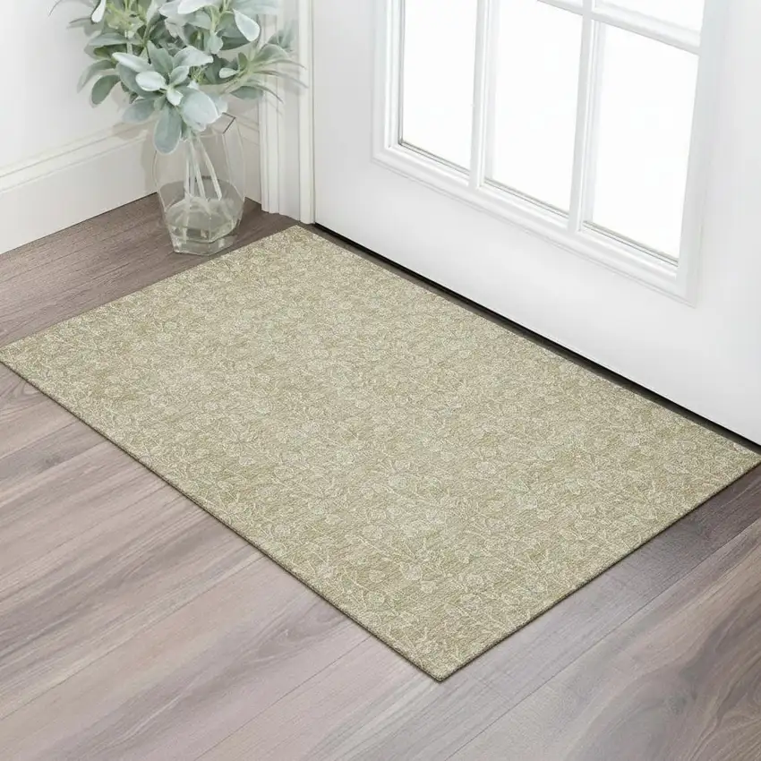 Beige And Ivory Floral Washable Area Rug With UV Protection Photo 1