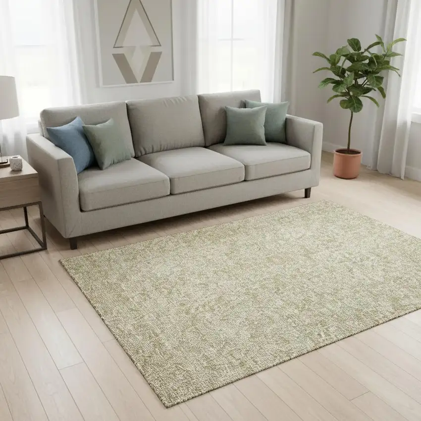 Beige And Ivory Floral Washable Area Rug With UV Protection Photo 1