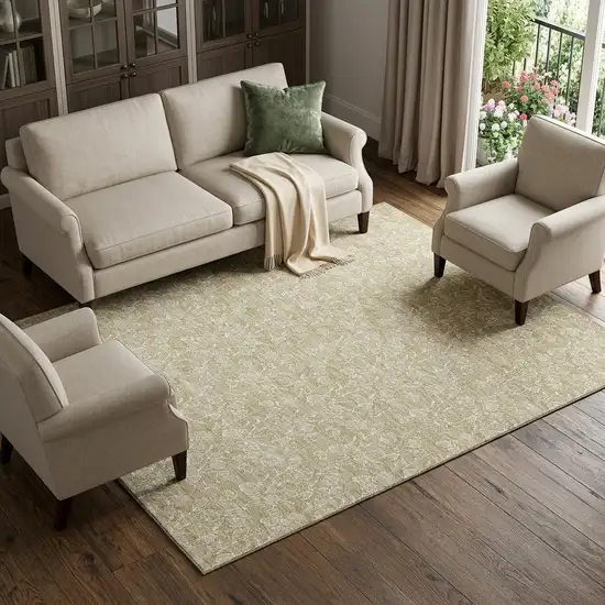 Beige And Ivory Floral Washable Area Rug With UV Protection Photo 1