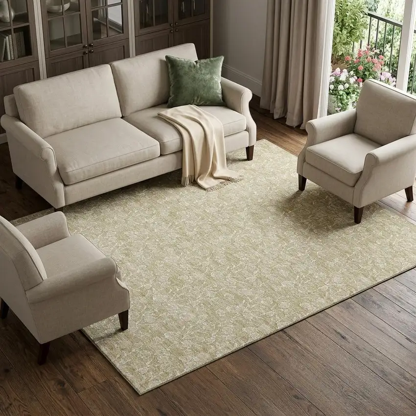Beige And Ivory Floral Washable Area Rug With UV Protection Photo 1