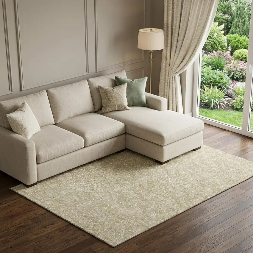 Beige And Ivory Floral Washable Area Rug With UV Protection Photo 1