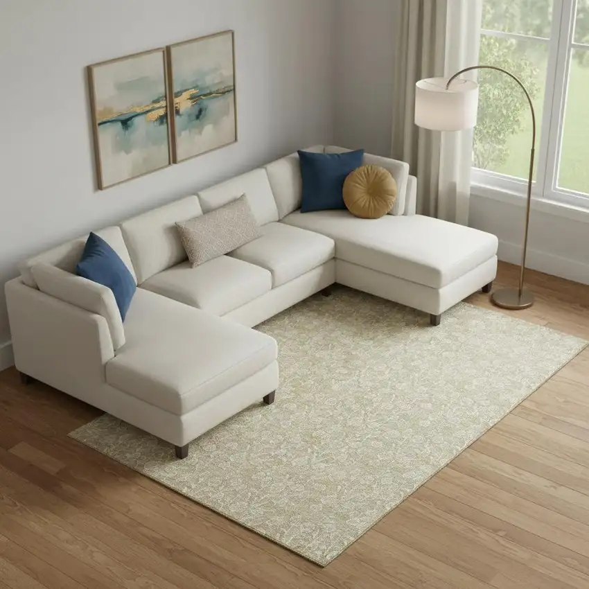 Beige And Ivory Floral Washable Area Rug With UV Protection Photo 1