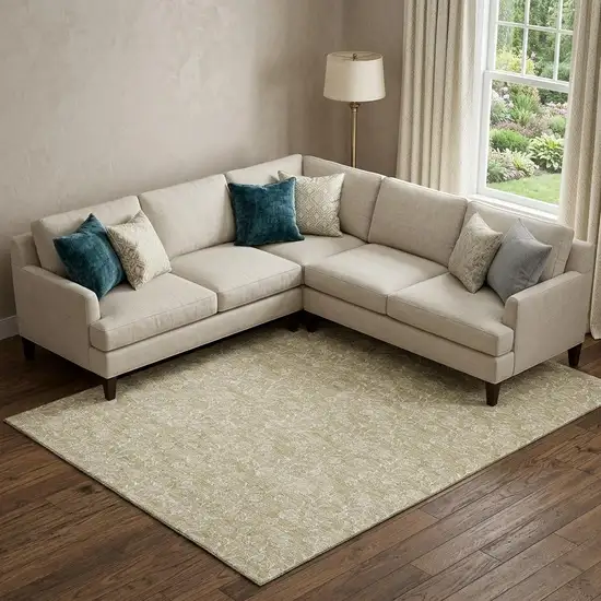 Beige And Ivory Floral Washable Area Rug With UV Protection Photo 1