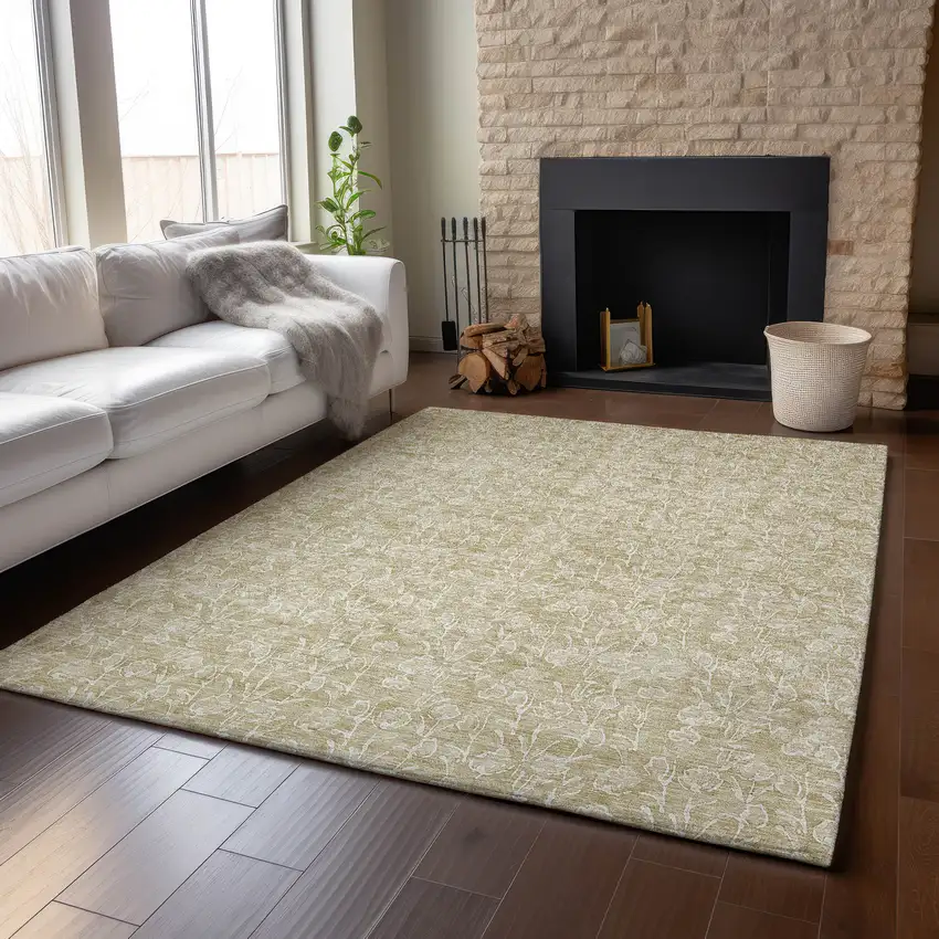 Beige And Ivory Floral Washable Area Rug With UV Protection Photo 4