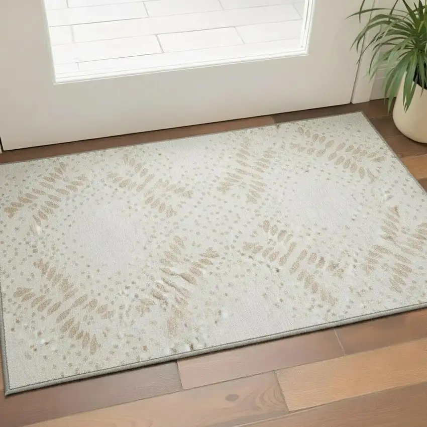 Beige And Ivory Floral Washable Area Rug With UV Protection Photo 2