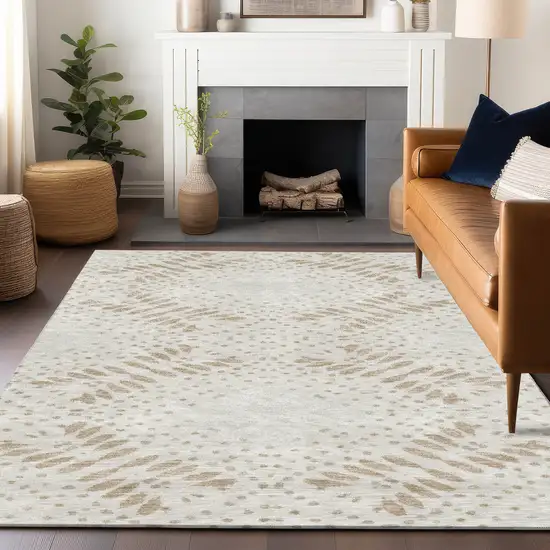 Beige And Ivory Floral Washable Area Rug With UV Protection Photo 6