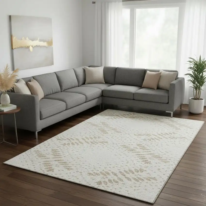 Beige And Ivory Floral Washable Area Rug With UV Protection Photo 2