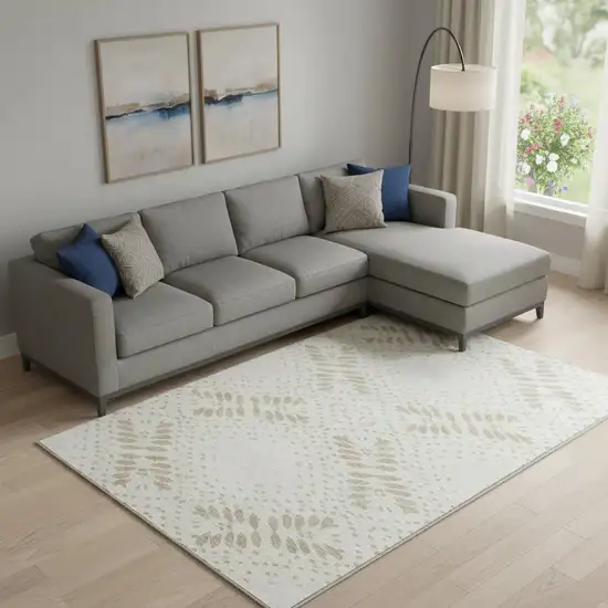 Beige And Ivory Floral Washable Area Rug With UV Protection Photo 1