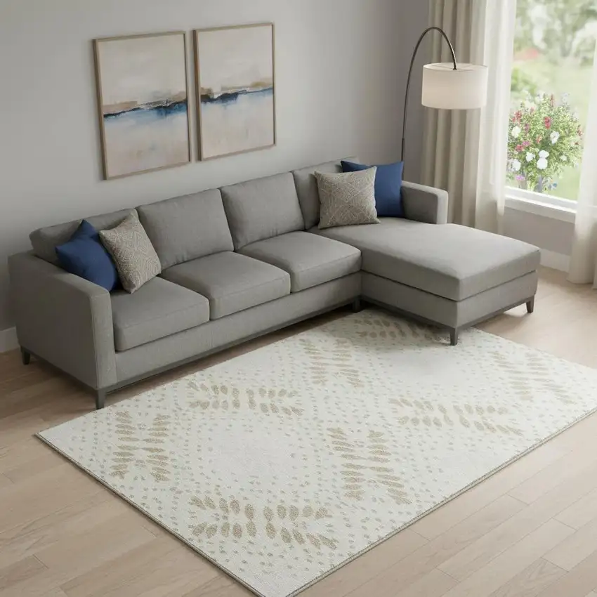 Beige And Ivory Floral Washable Area Rug With UV Protection Photo 1