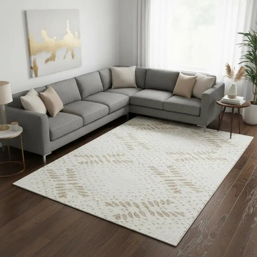 Beige And Ivory Floral Washable Area Rug With UV Protection Photo 2