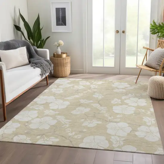 Beige And Ivory Floral Washable Area Rug With UV Protection Photo 4