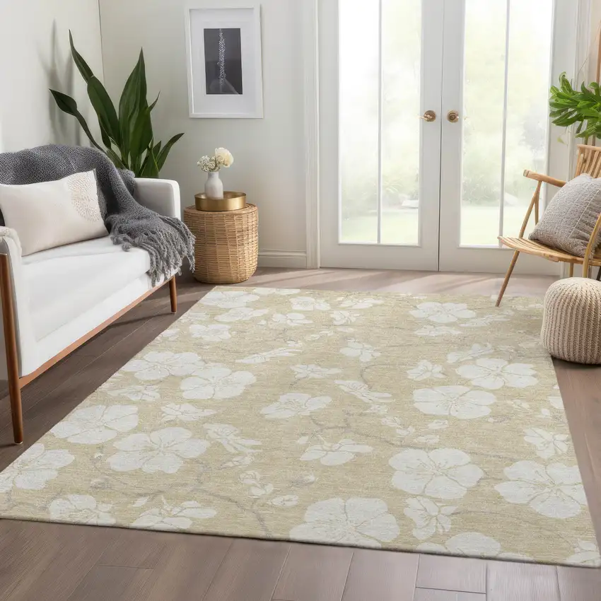 Beige And Ivory Floral Washable Area Rug With UV Protection Photo 4