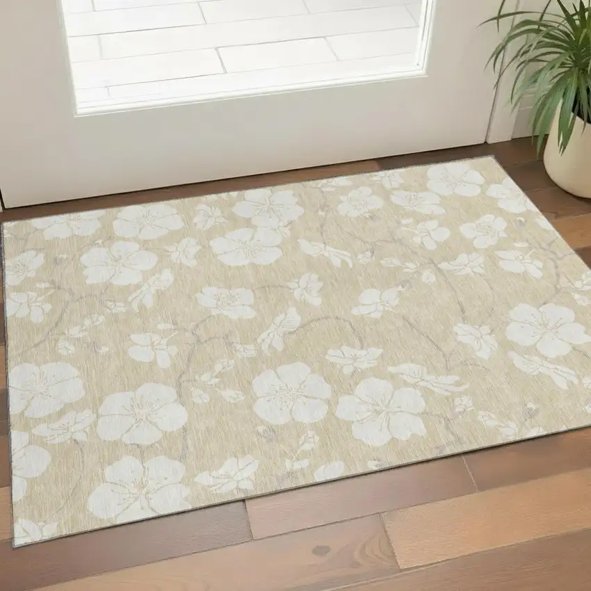 Beige And Ivory Floral Washable Area Rug With UV Protection Photo 1
