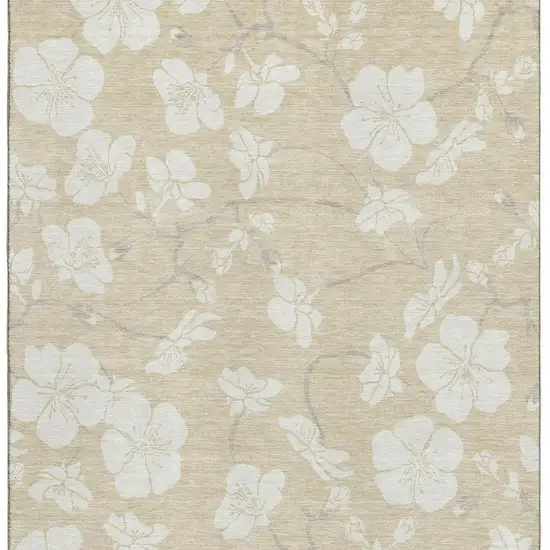 Beige And Ivory Floral Washable Area Rug With UV Protection Photo 4