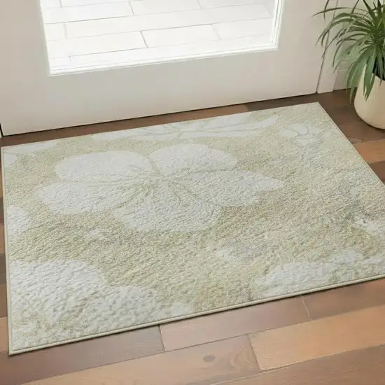 Beige And Ivory Floral Washable Area Rug With UV Protection Photo 2