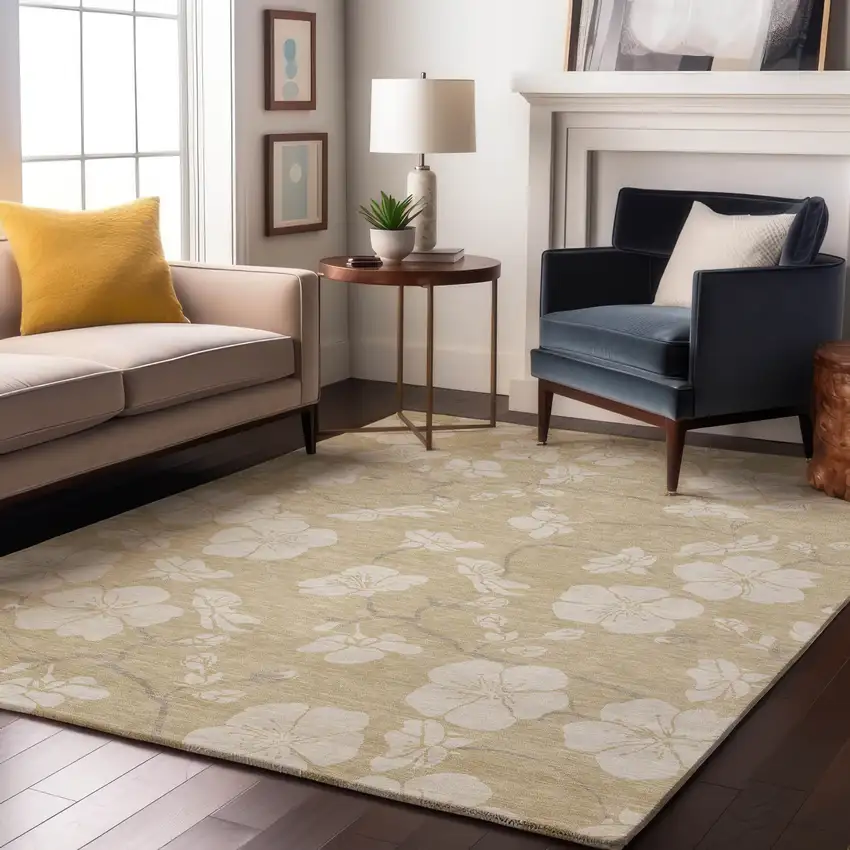 Beige And Ivory Floral Washable Area Rug With UV Protection Photo 3