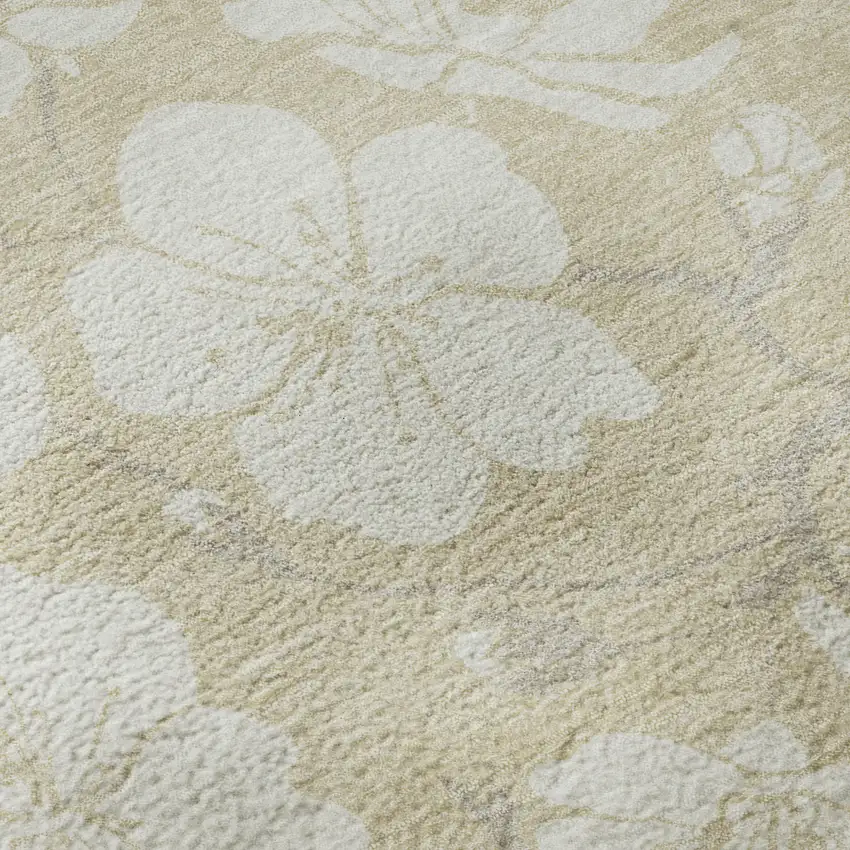 Beige And Ivory Floral Washable Area Rug With UV Protection Photo 1