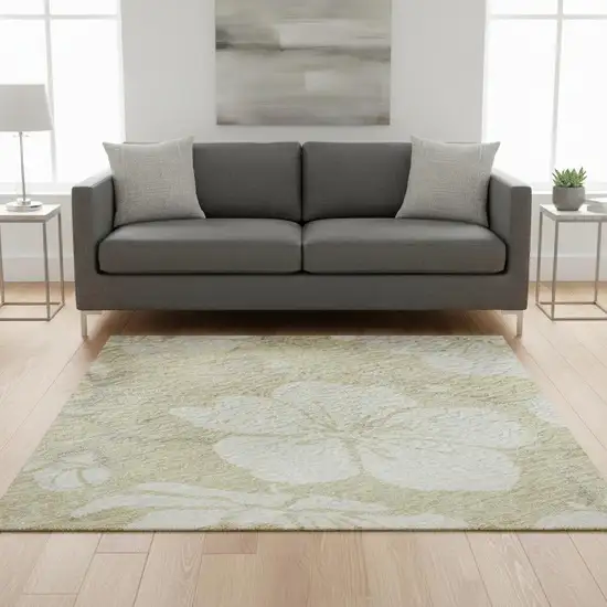 Beige And Ivory Floral Washable Area Rug With UV Protection Photo 2