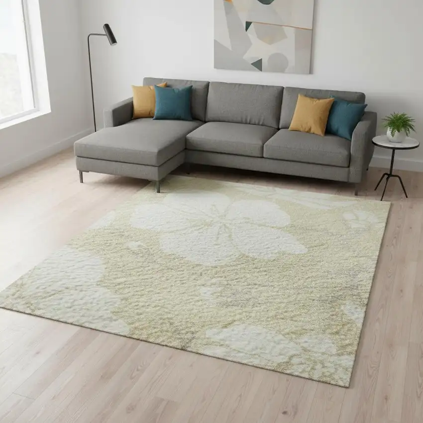 Beige And Ivory Floral Washable Area Rug With UV Protection Photo 2